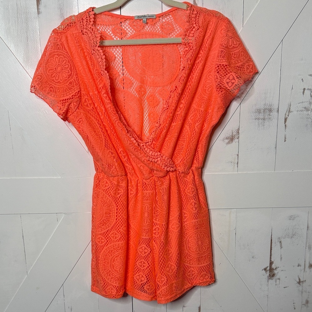 Neón Coral Orange Lace Romper